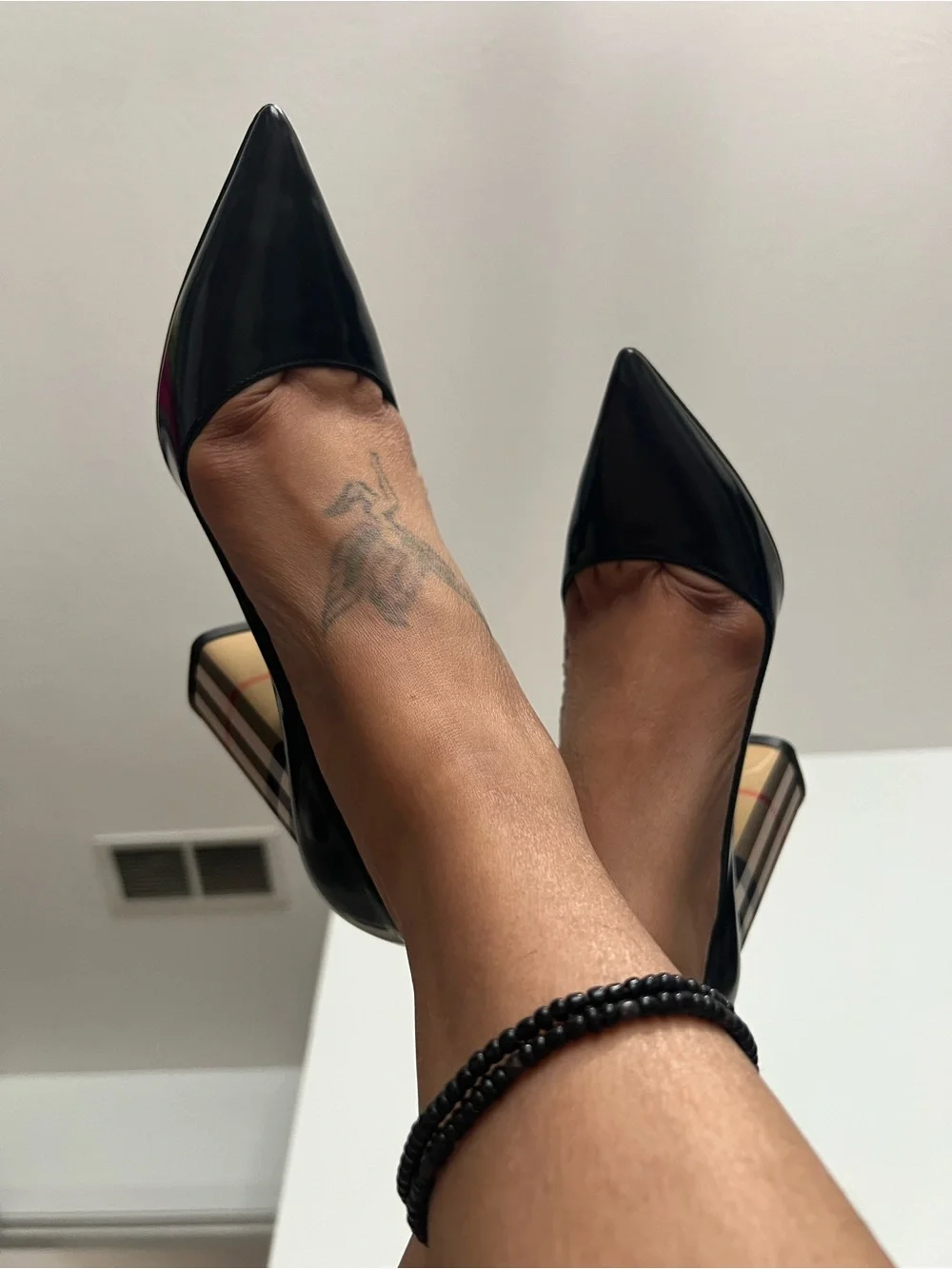 Burberry Black Patent Pointed Pumps with Signature Check Block Heel - Picture 6 of 8